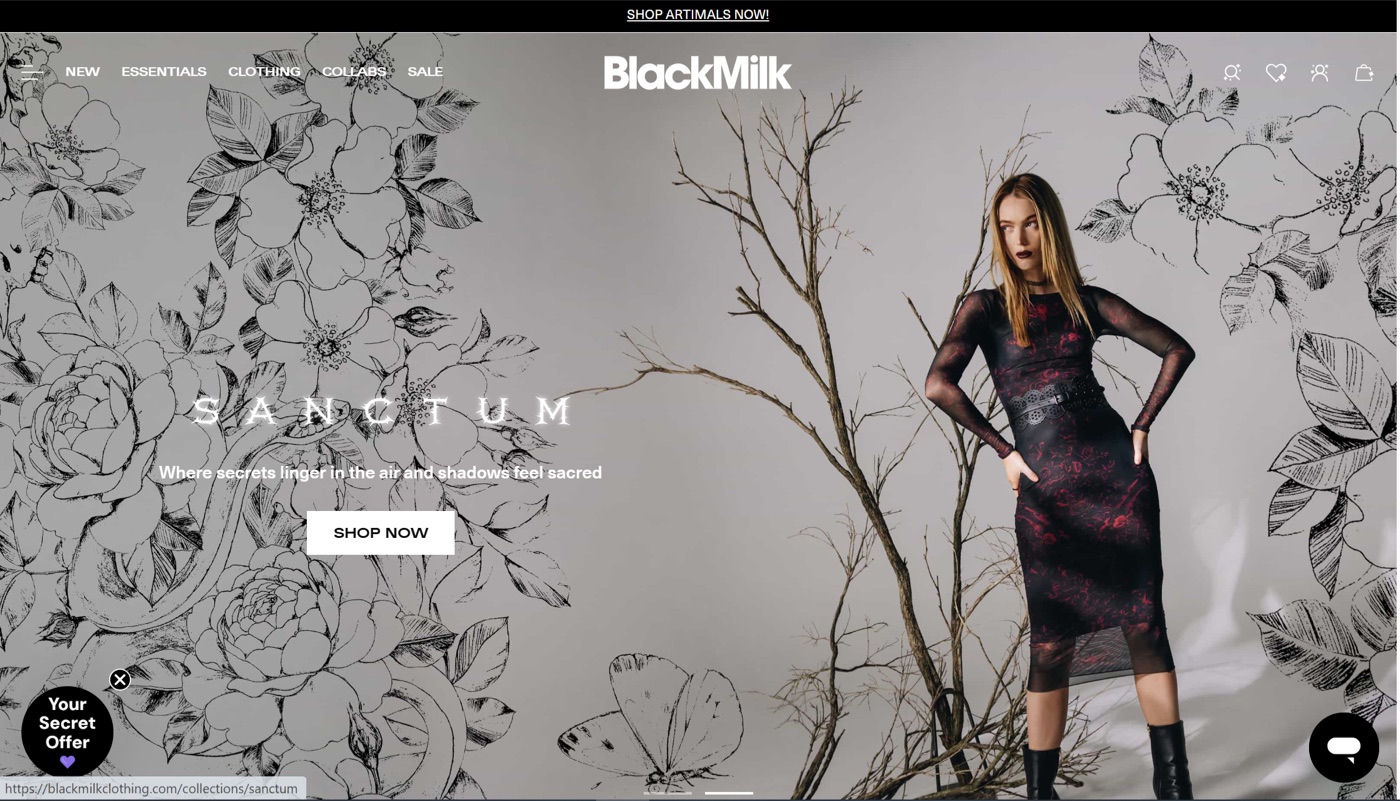 The BlackMilk Clothing website, showing the Sanctum collection landing page
